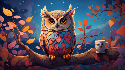 This is a picture of an owl holding a cup of tea, sitting on a branch with autumn leaves.

