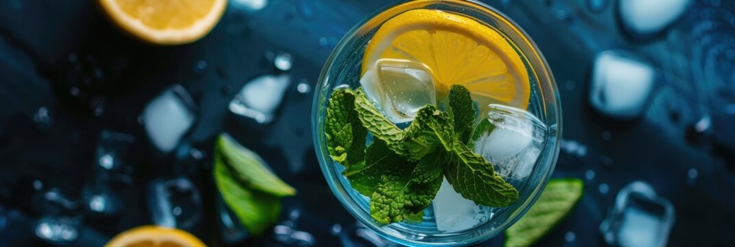 Aerial perspective of a glass containing mint, lemon, and ice cubes.