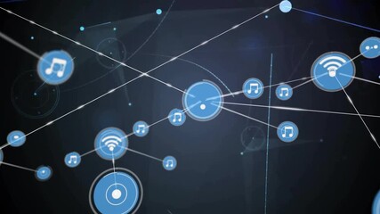 Music and Wi-Fi icons connected by lines, network connectivity animation