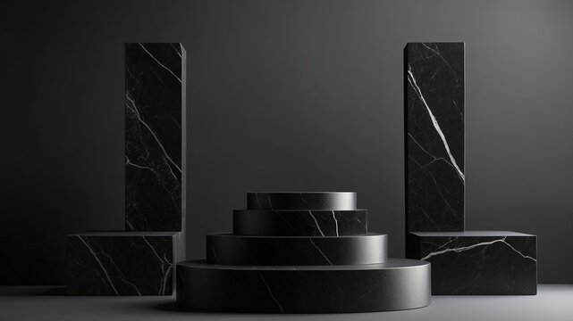 Elegant beautiful black stand, scene with black stone and black background. Elegant black background with place for the product. 