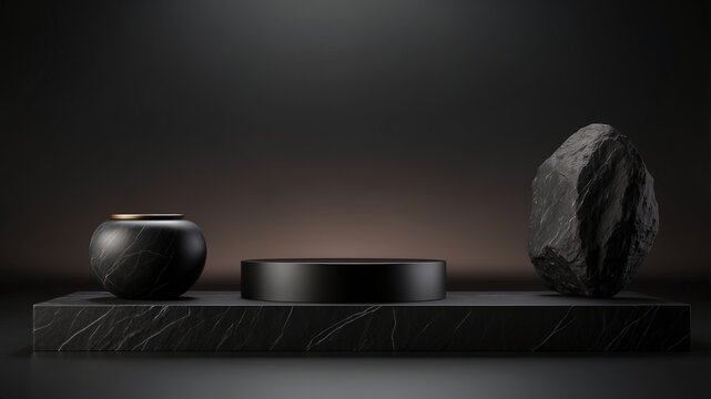 Elegant beautiful black stand, scene with black stone and black background. Elegant black background with place for the product. 