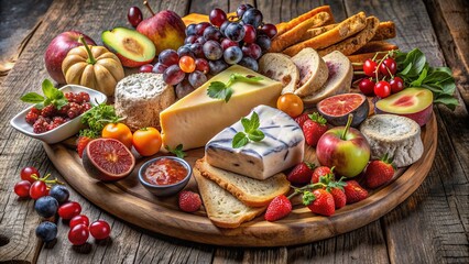 Assorted fresh fruits, artisanal cheeses, and crusty breads are artfully arranged on a rustic wooden platter, perfect for a casual gathering or dinner party.
