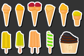 Illustration on theme big kit ice cream popsicle different types in cone waffle cup