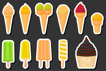 Illustration on theme big kit ice cream popsicle different types in cone waffle cup