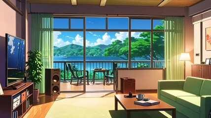 Anime Style Living Room and lofi Aesthetic Education Bad room Generative Ai 