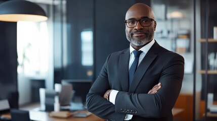 Fototapeta premium businessman corporate portrait in office, mature black middle aged manager business man