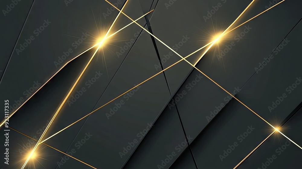 Poster elegant dark grey background with intersecting gold light lines and soft shadows, creating a sleek a