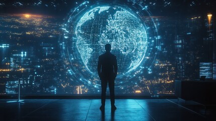 Businessman, night or vr global network hologram for digital future technology, big data or virtual reality. Dark office, globe overlay or person in futuristic metaverse world