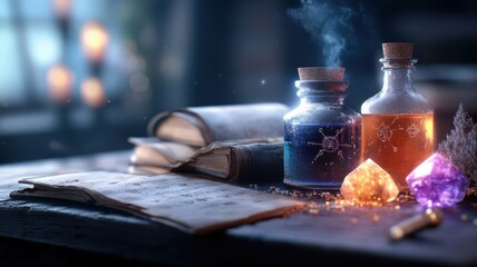 Sorceress's workshop filled with potions, crystals, and scrolls.