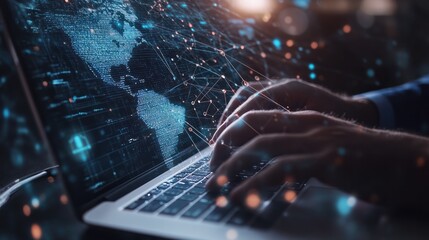 Close-up of a software engineer's hands working on a laptop with a digital overlay of global connections and binary code, showcasing the integration of advanced technology in IT support
