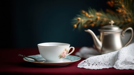 Fototapeta premium Vintage tea party with burgundy tablecloth and lace doilies.