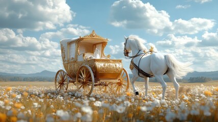 Fairy tale scene with golden carriage drawn by white horses in sunlit meadow.