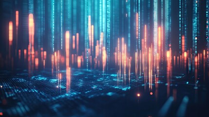 Futuristic 3D candlestick chart with glowing bars on a blue backdrop. Represents market fluctuations and trading concepts. Great for finance and investment graphics. -