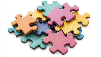 Obraz premium Colorful handcrafted wooden puzzle pieces interlocking seamlessly, a creative solution to the brain teaser challenge - Collection isolated on transparent background