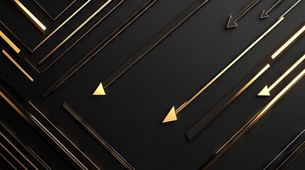 Futuristic abstract background featuring geometric gold arrows pointing in various directions on a sleek black blank space, ideal for technology and luxury themes.