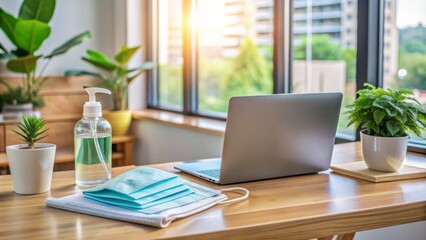 Fototapeta premium A well-organized desk displays a laptop, mask, hand sanitizer, and informative pamphlets, showcasing essential resources for a safe and healthy work-from-home experience.