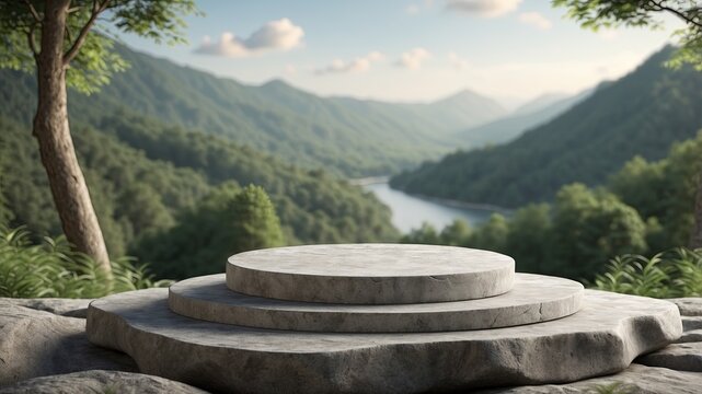 Stone podium on rock platform 3d illustration, grey rock pedestal for a product display stand, green forest and blurred on the background