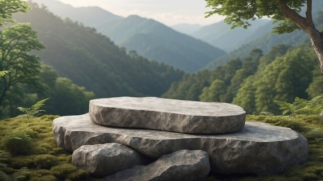 Stone podium on rock platform 3d illustration, grey rock pedestal for a product display stand, green forest and blurred on the background