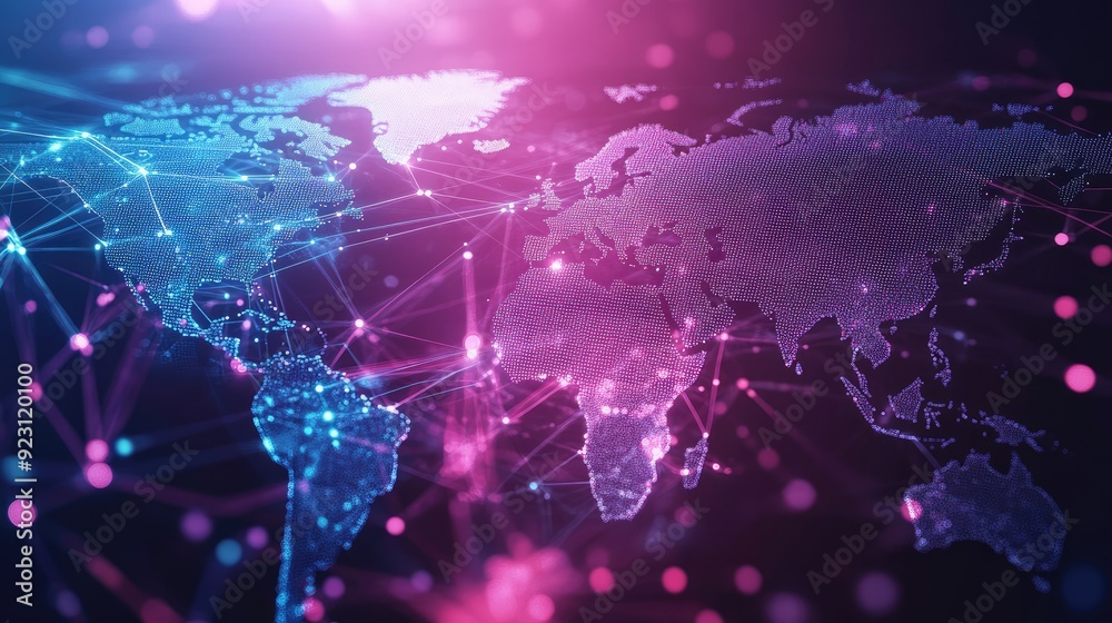 Poster futuristic world map with abstract data connections and telecommunication network lines. vector illu