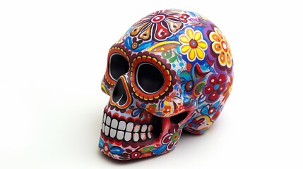 Traditional colorful mexican skull decorated with floral patterns for day of the dead celebration on plain white background , symbolizing life and death