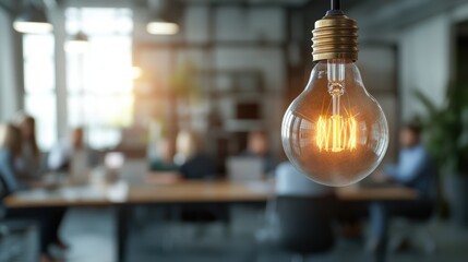 Focused light bulb in a modern office with blurred team meeting in the background
