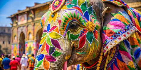 Fototapeta premium Vibrant celebration of Diwali: A majestic elephant adorned with intricate designs, embodying the spirit of the festival