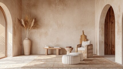 Wall interior mockup with rattan furniture