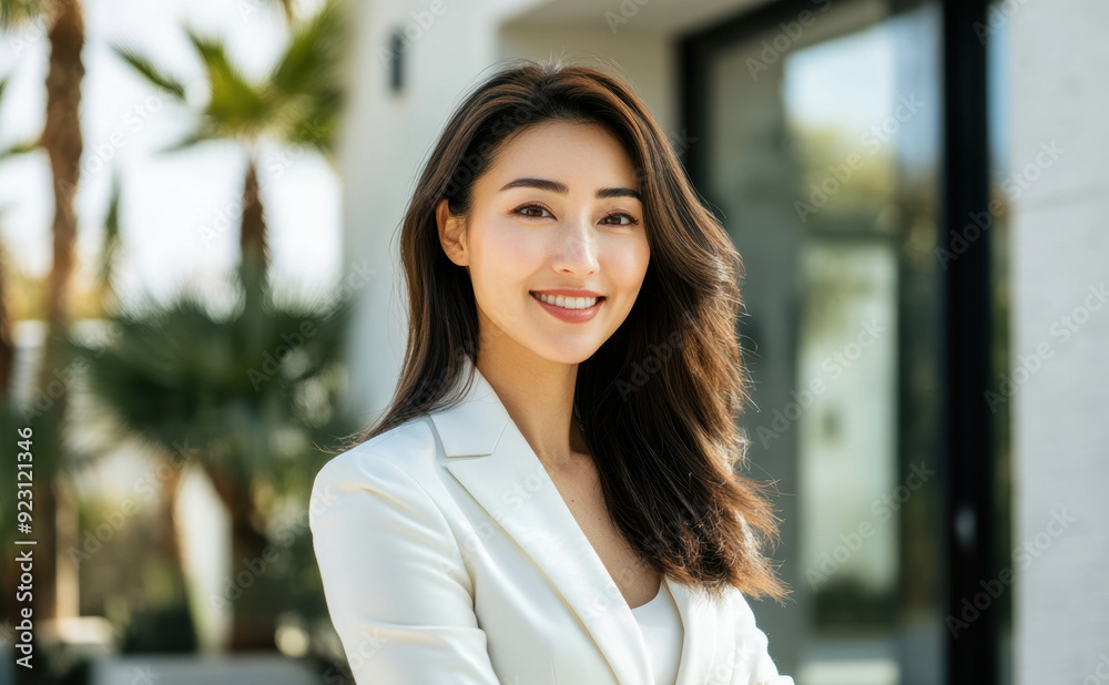 Wall mural An Asian woman in a white suit smiles confidently while posing outdoors, with a backdrop of modern architecture and office buildings.