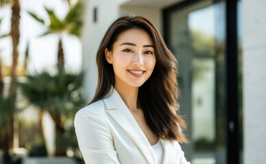 Obraz premium An Asian woman in a white suit smiles confidently while posing outdoors, with a backdrop of modern architecture and office buildings.