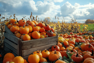 Harvested pumpkins in a wooden crate and scattered on the ground in a sunny autumn field under a cloudy blue sky.