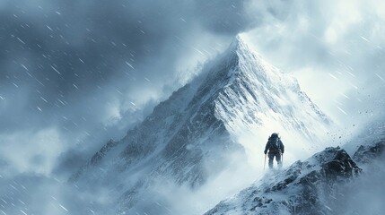 Climber Ascending a Snowy Mountain Peak in a Storm
