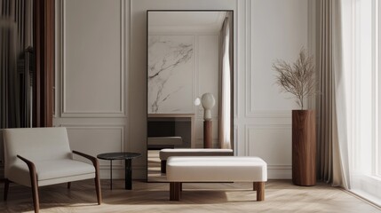 Modern Interior Design with Elegant Mirror and Wooden Accents