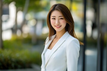 Fototapeta premium An Asian woman in a white suit smiles confidently while posing outdoors, with a backdrop of modern architecture and office buildings.