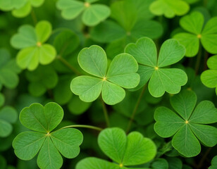 Green shamrock natural background. Selective focus on a central leave