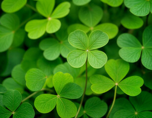 Green shamrock natural background. Selective focus on a central leave