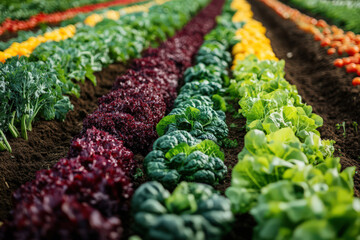 A beautiful green field with rows of healthy crops growing under a bright blue sky, surrounded by lush greenery.