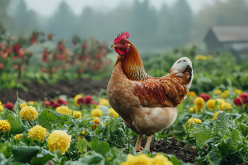 Fototapeta premium A chicken standing in a garden with vibrant flowers and lush greenery on a foggy day, with a barn in the background.