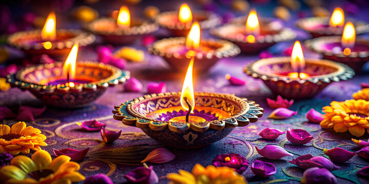 A symphony of purple hues and rose petals, illuminated by the warm glow of Diwali diyas, casting a captivating spell of festive joy