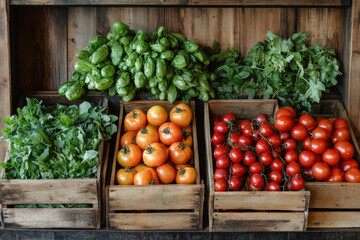 Fresh organic produce on display in wooden crates, featuring tomatoes, basil, and various leafy greens at a farmer's market.