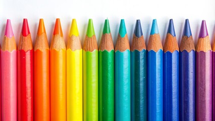 Colorful crayons in a row, each one wrapped in vibrant stripes, sit against a plain white background, evoking creativity and playful childhood memories.
