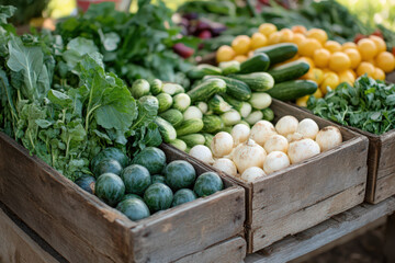 Fresh organic vegetables on display at a farmers market, including cucumbers, tomatoes, radishes, and greens in wooden crates.