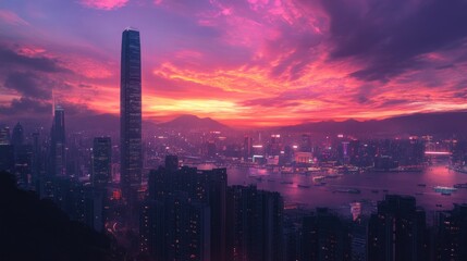 Fototapeta premium Hong Kong Cityscape with Sunset Sky