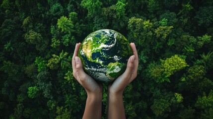 Hands holding globe on green nature forest background in saving environment concept, save clean planet, ecology concept for World Earth Day. Aerial top view green forest with earth, Green planet.