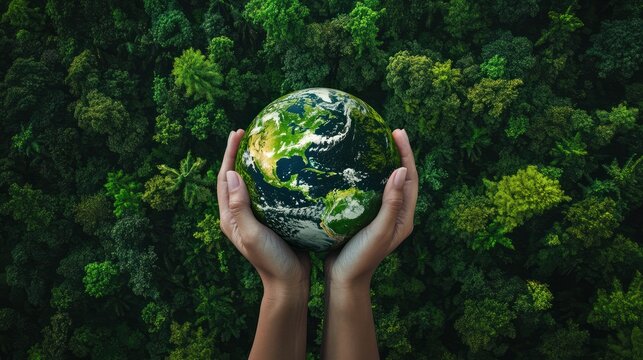 Hands holding globe on green nature forest background in saving environment concept, save clean planet, ecology concept for World Earth Day. Aerial top view green forest with earth, Green planet. - Powered by Adobe