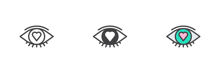 Eye with heart different style icon set