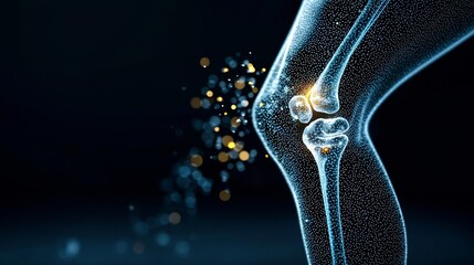 Anatomical illustration of a knee joint with glowing minerals being absorbed, Nutrient-rich joint support, Emphasizing the role of vitamins in maintaining bone health