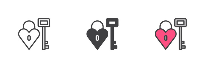 Heart shaped lock and key different style icon set