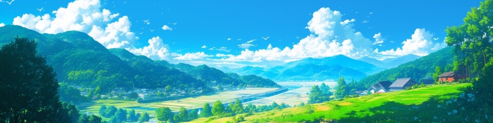 Fototapeta premium Enchanting Anime-Style Summer Valley in Japan: Lush Green Landscape for Creative Marketing, Children's Book Illustrations, and 4K Wallpapers. AI-Generated Dreamy Nature Scene with Stunning Game Art Ae