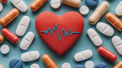 Heart-shaped object with ECG line magnified among various pills, Cardiovascular medicine, Symbolic representation of heart health and medical support