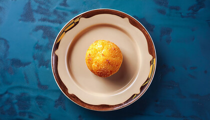 Top view of circular arrangement of Indian sweets ladoos and nuts on a ceramic plate 